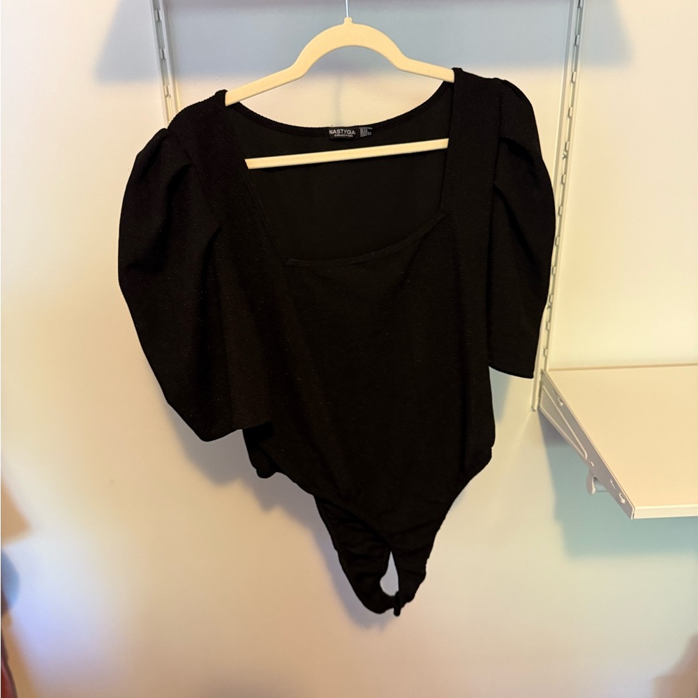 Nasty Gal Black Puff Sleeve Bodysuit with Tie Front